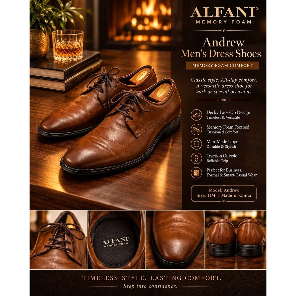 Alfani Andrew Men's Brown Dress Shoes Memory Foam Lace-Up Derby Size 11M